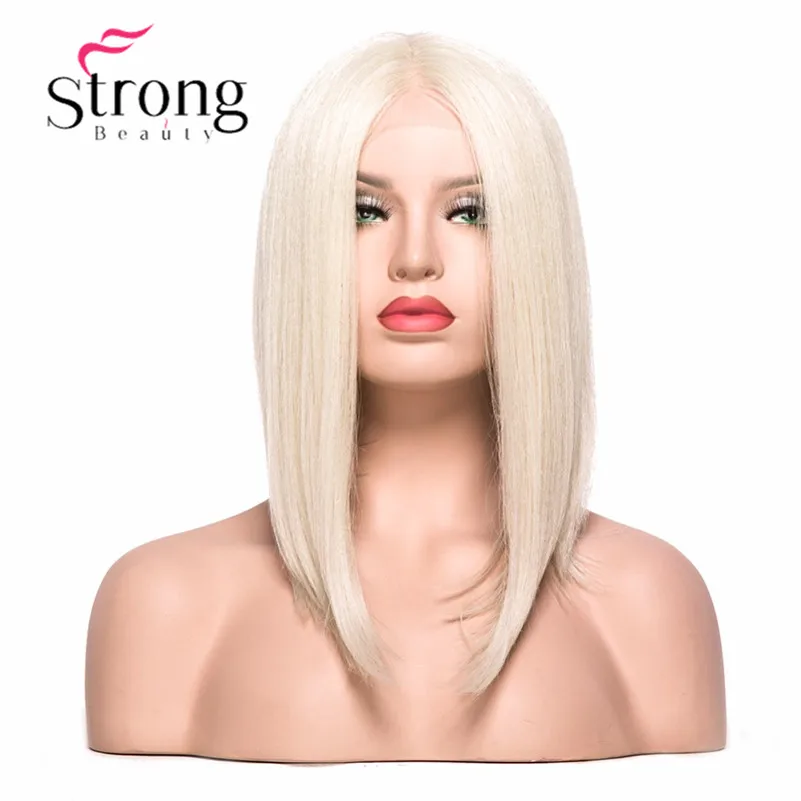 

StrongBeauty Lace Front Wig Short Yaki Straight Bob Haircut Heat Resistant/ Part Natural Blonde Synthetic Wig Women's