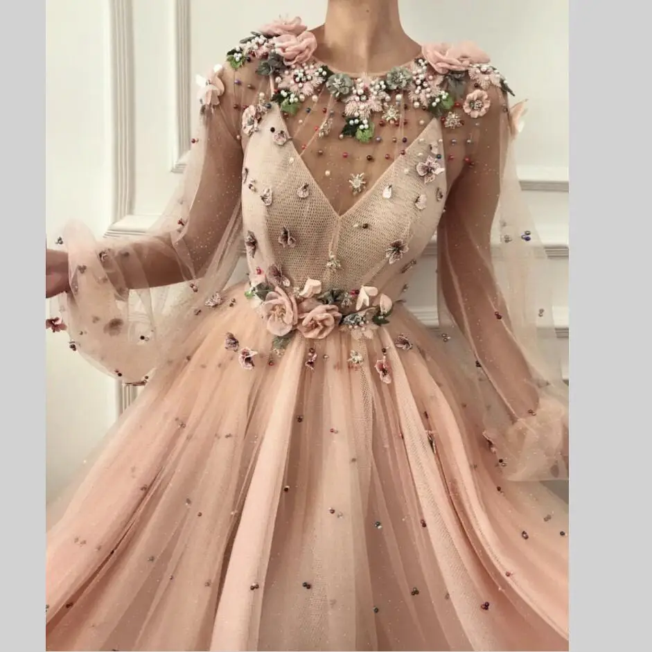 

New Long Evening Dresses Scoop Flowers Beading Pearls Formal Gown For Prom Wedding Party Dresses Robe De Soiree