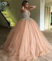 Индивидуальный заказ принцесса пушистая юбка с v-образным вырезом Кристалл Алмазный бисер Роскошные Розовые Свадебные платья 2019 Новый