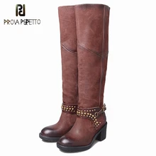 Prova Perfetto/осенне-зимние сапоги ручной работы на высоком квадратном каблуке, с заклепками, с кожаным ремешком, с пряжкой, до колена, в стиле ретро, Botas Mujer