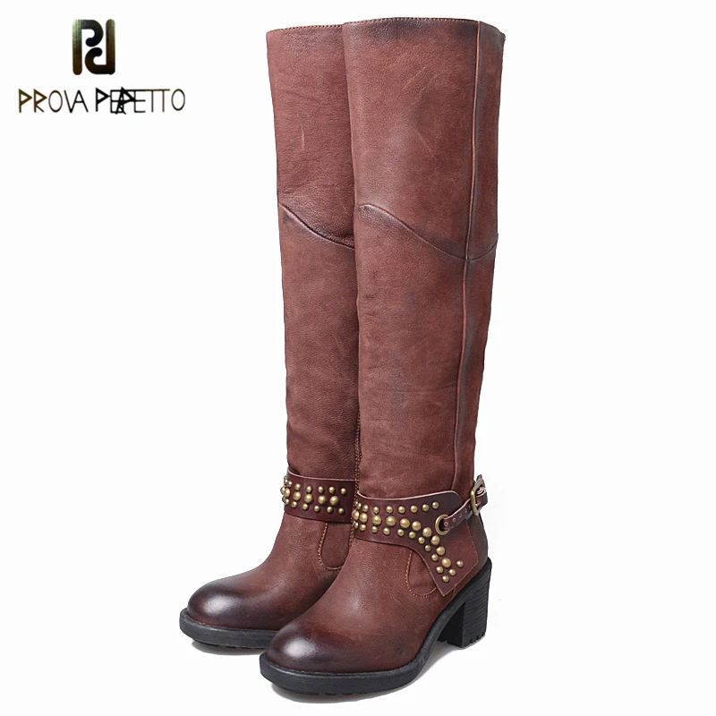 

Prova Perfetto Autumn Winter Handmade Square High Heels Boots Rivets Leather Strap Buckle Knee-High Retro Botas Mujer