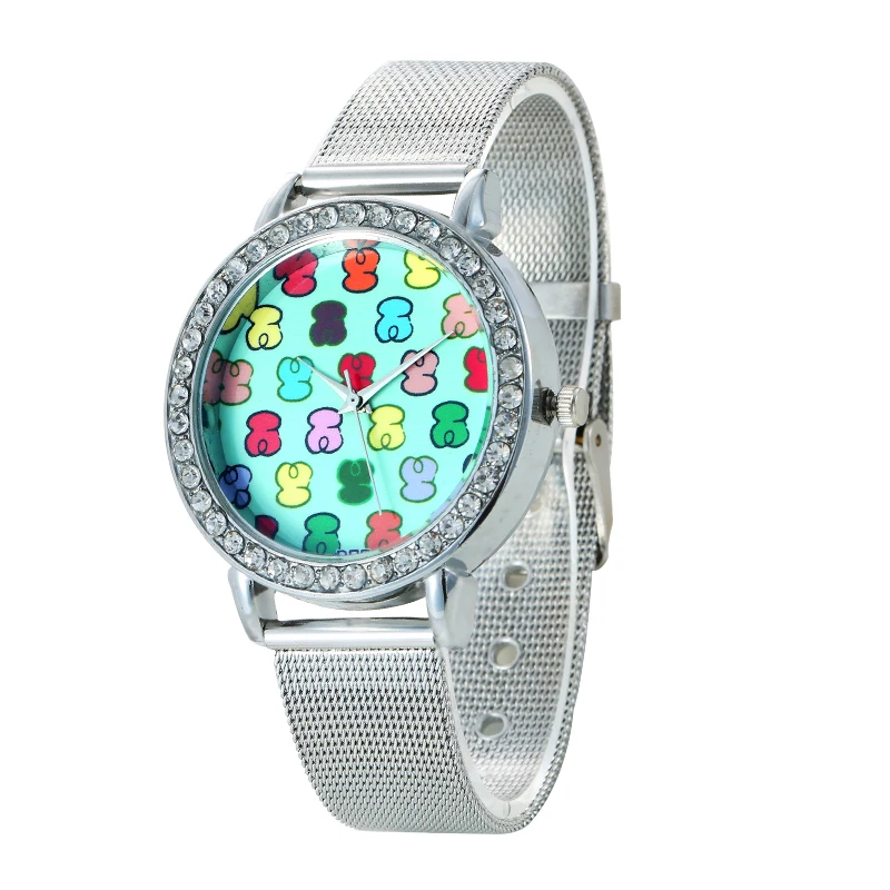 

Hot Sale Cartoon Colorful Dial Sliver Mesh Stainless Steel Watch Women Ladies Casual Dress Quartz Wristwatches Relogio Feminino
