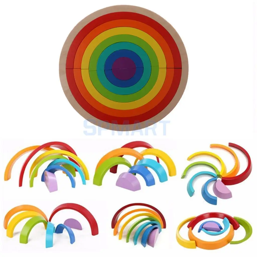 

7 Colors 14 Pcs Wooden Stacking Rainbow Shape Bricks Arch Building Blocks Educational Toy Set