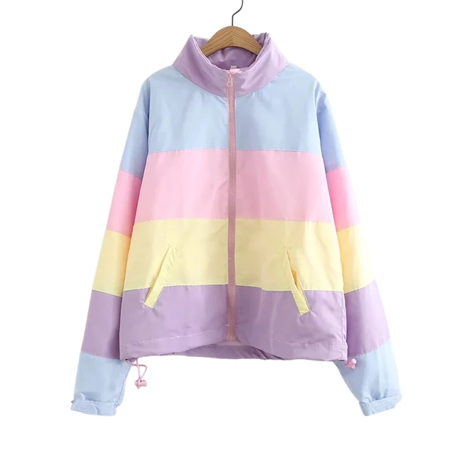 2018 Zipper Hooded Jacket Women Autumn Winter Casual Macaron Rainbow Splicing Color Pastel Panel