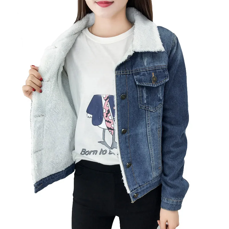 2019 Winter Women Lambswool Jean Coat Long Sleeves Warm Fleece Jeans