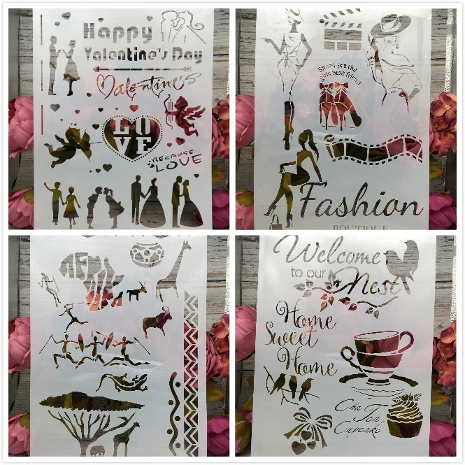 

4Pcs/Lot A4 Lady Animals Bird DIY Layering Stencils Painting Scrapbook Coloring Embossing Album Decorative Card Template