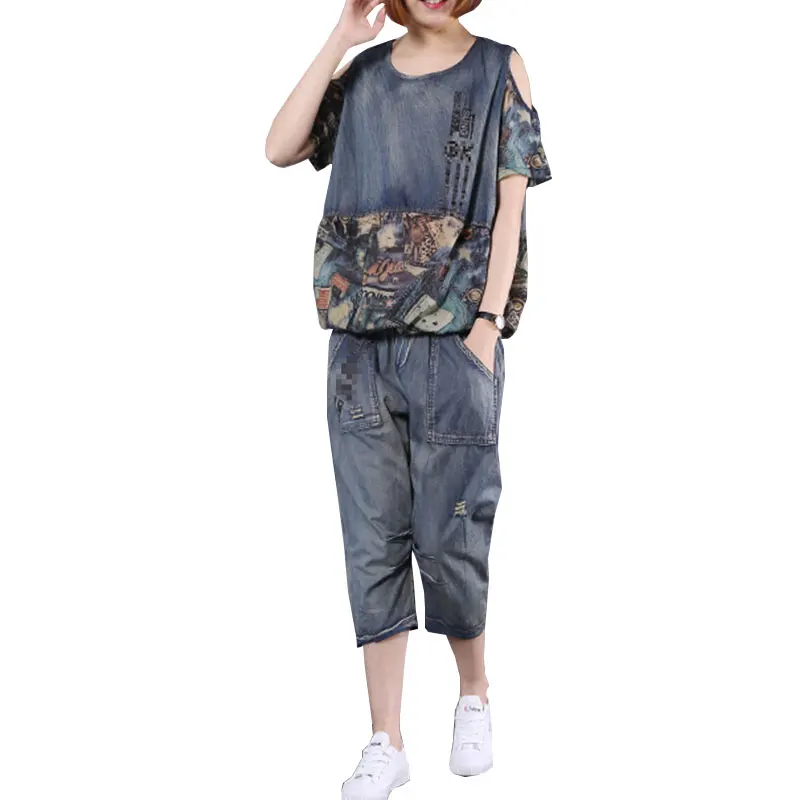 

Denim Suit Sets Women Summer 2019 Korean Loose Chiffon Stitching Leaking Shoulder Print T-shirt 2-Piece Womens Large size TY227