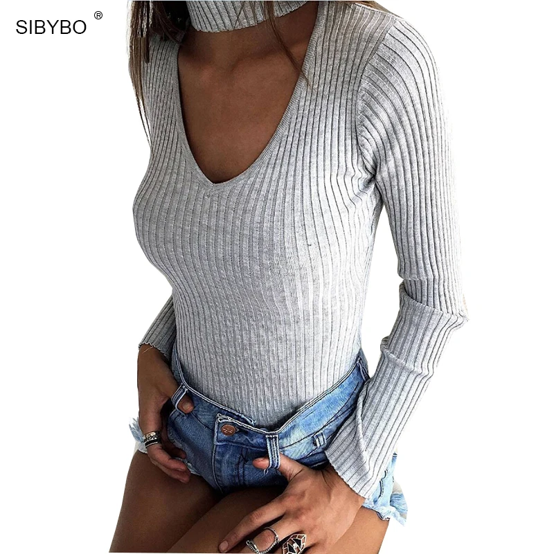 Sibybo сексуальные женские комбинезоны 2019 короткий вязаный осень-зима Черный Тонкий Bodycon Женский комбинезон с v-образным вырезом топы - изображение