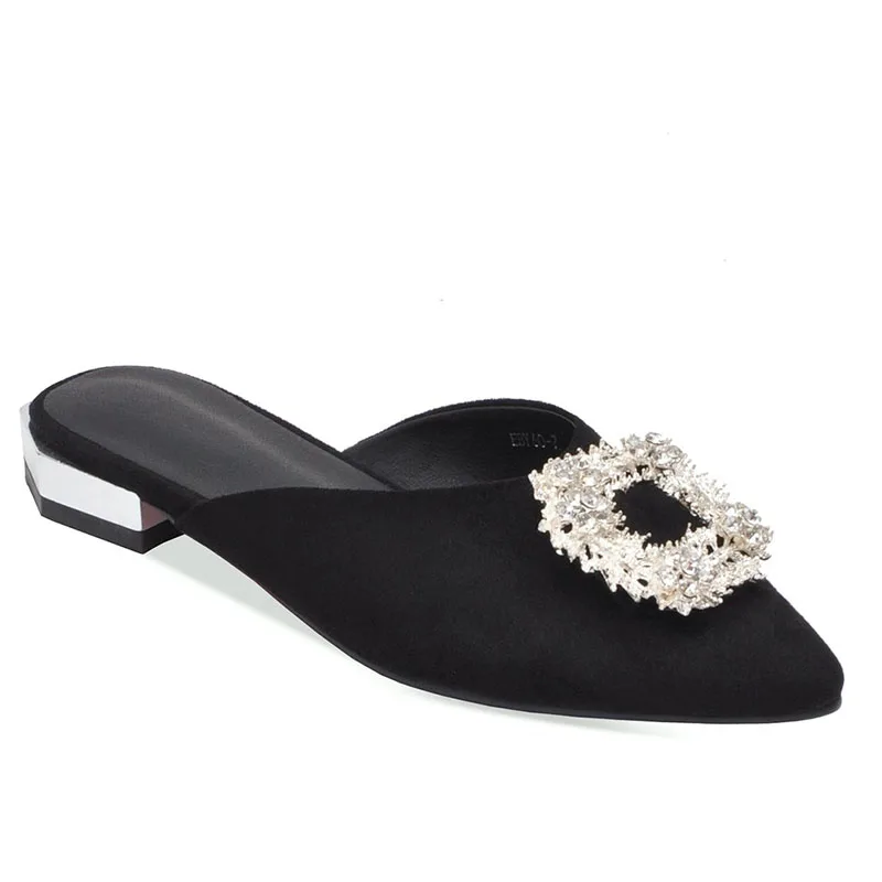 WETKISS/флоковые тапочки на низком каблуке; женская обувь с острым носком; шлепанцы с пряжкой и кристаллами; женские шлепанцы; женская обувь; большие размеры 48 - Цвет: Черный