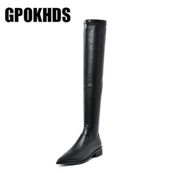 

GPOKHDS 2019 women over the knee high boots cow leather autumn spring zippers pointed toe low heels female high boots