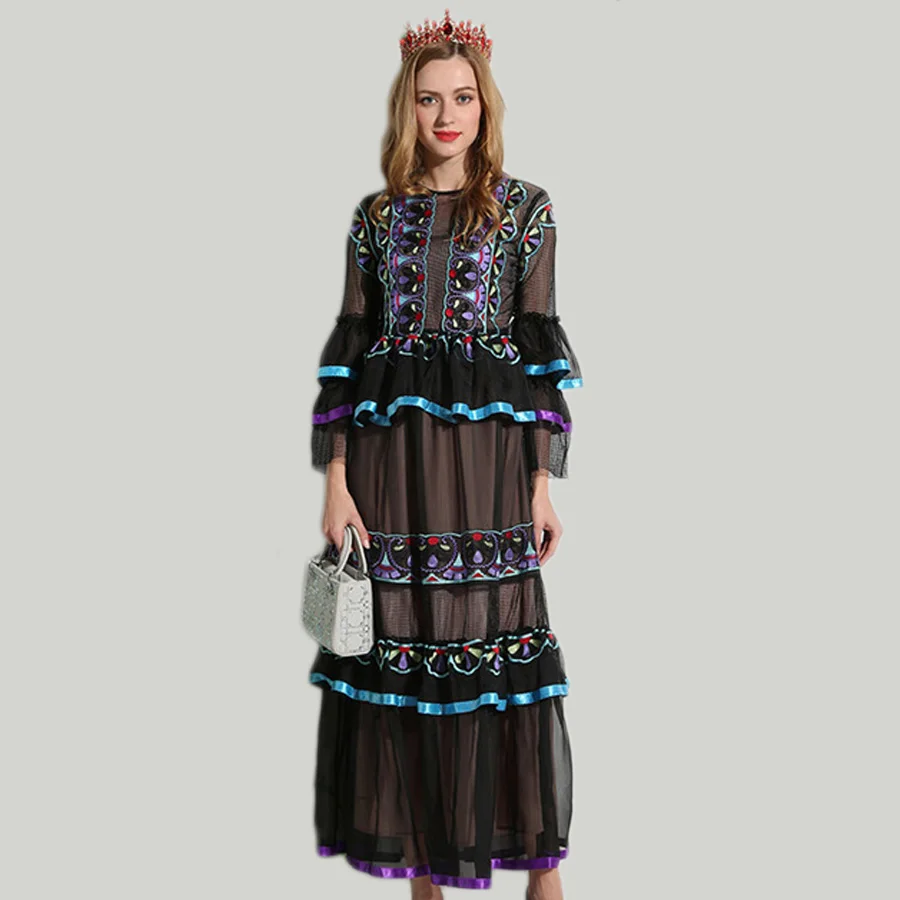 Высокое качество Vestidos длиной до щиколотки Лето женское открытое роскошное модное платье с расклешенными рукавами Черное вышитое этническое длинное платье