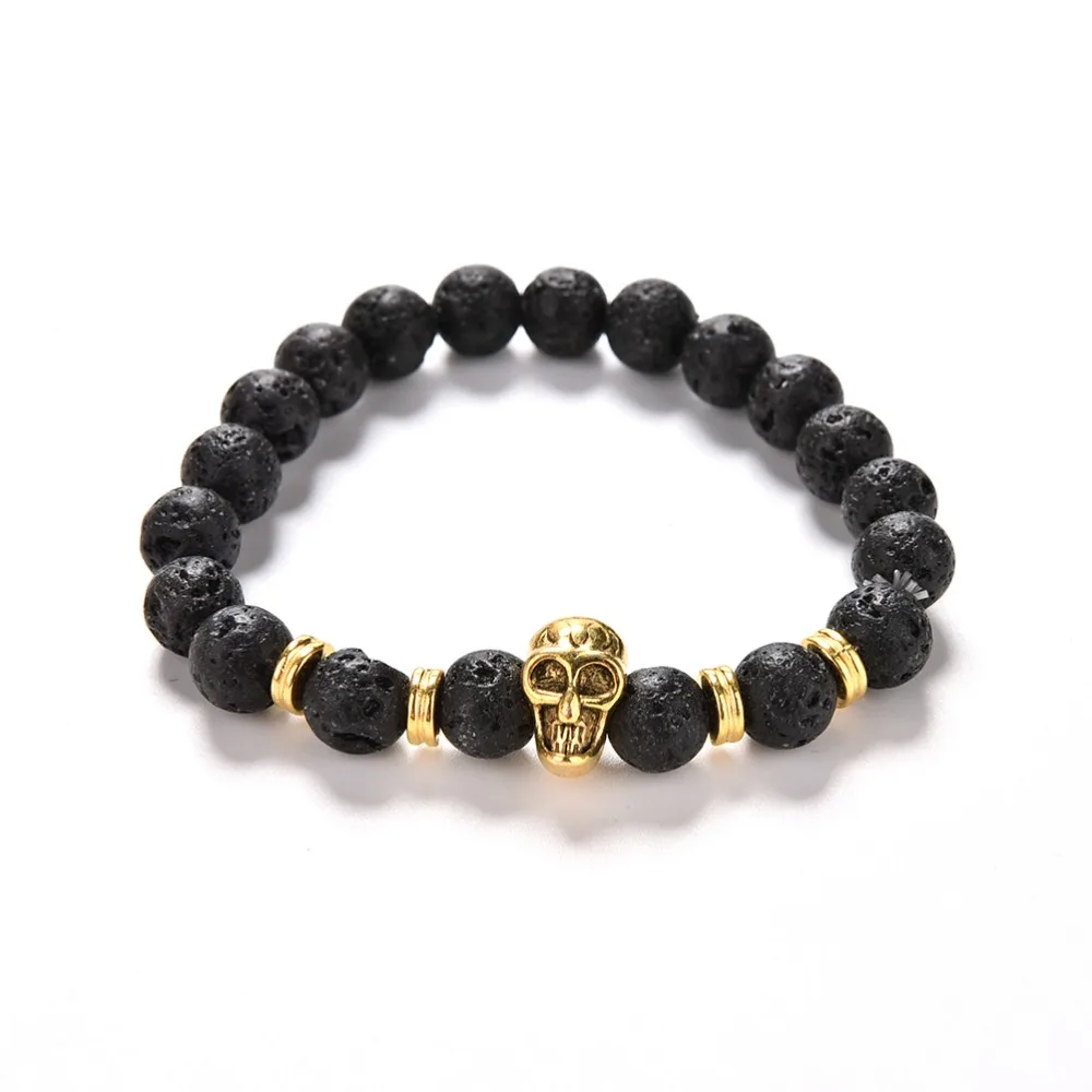 1 Pc Fashion Unisex Lava Rock 8mm Bead Bracelet Natural Stone Golden