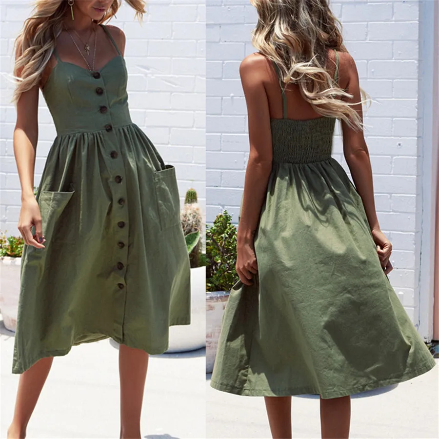 

Womens Solid Button Summer Boho Maxi Long Dress Party Beach Dresses V Neck Sundress Bare Back Green Dress 2019 New