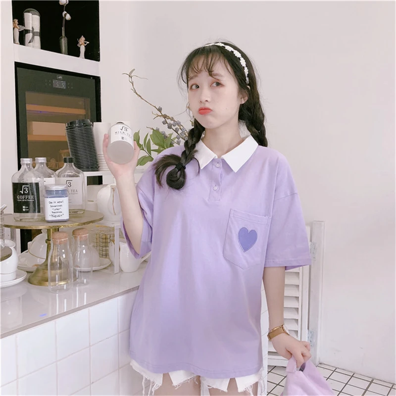 Женская футболка с карманом Kawaii Повседневная Свободная отложным воротником в