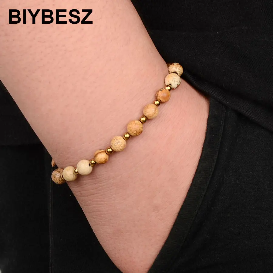 Модные картины каменные браслеты с бусинами из натурального камня нержавеющей