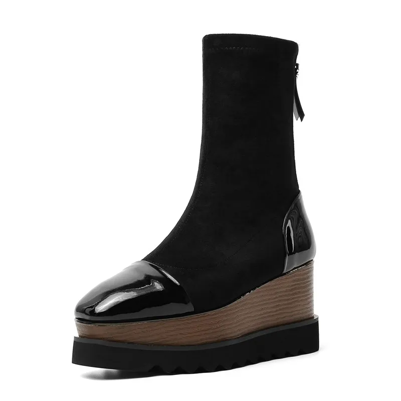 MoonMeek/ г. Новые осенне-зимние ботинки замшевые ботинки с квадратным носком обувь на танкетке на платформе ботильоны для женщин на высоком каблуке - Цвет: Черный