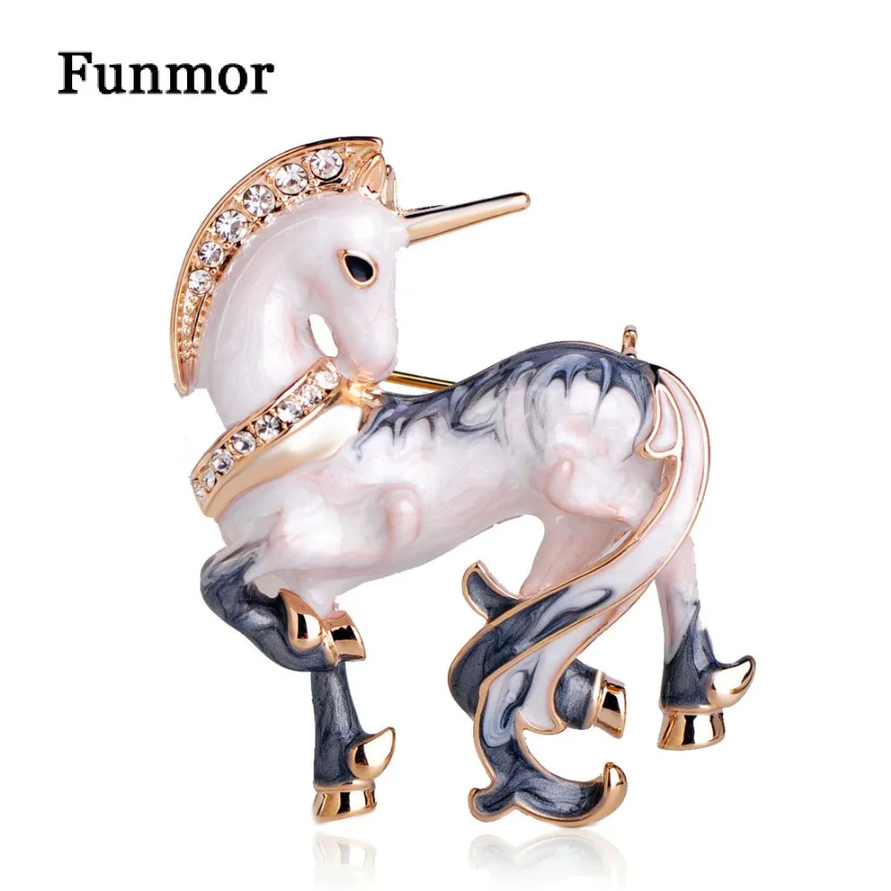 FUNMOR Эмаль белая счастливая лошадь в форме единорога Броши золотого цвета для женщин и мужчин стразы в форме животного Банкетная, праздничная брошь на булавке подарки