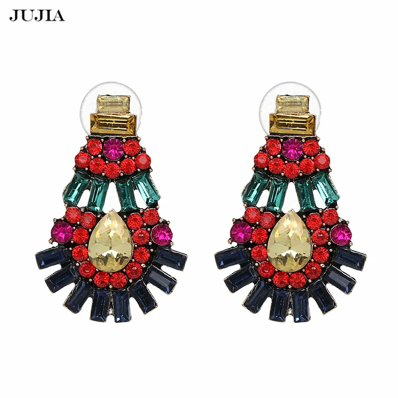 Jujia Роскошные брендовые ювелирные изделия женские Серьги очаровательные аксессуары Разноцветные стразы серьги-гвоздики