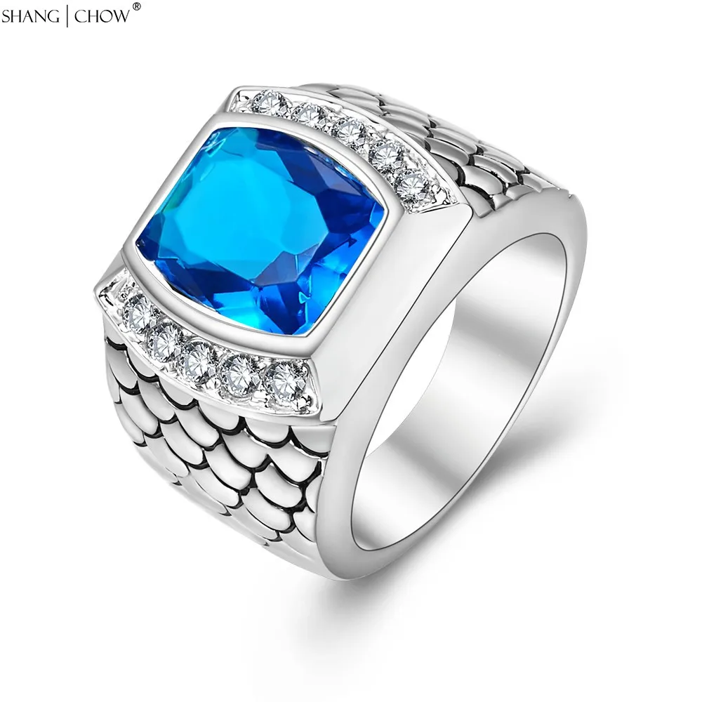 

2018 New Vintage Charm Jewelry with Huge Blue Crystal Stone 925 Sterling Silver Ring for Male BALL GOWN Lover Gift R1267