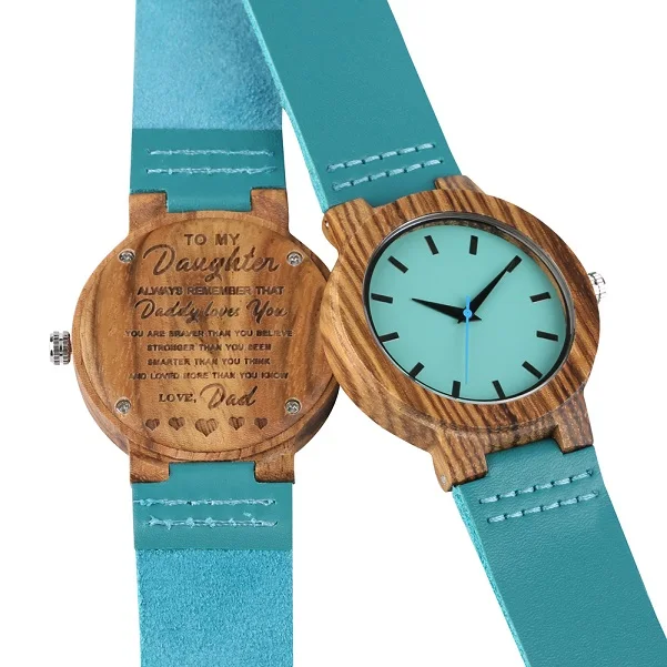 Синие деревянные часы кожаный ремешок натуральные деревянные часы Подарки для подруги мама папа сын дочь шрифт резьба по дереву наручные