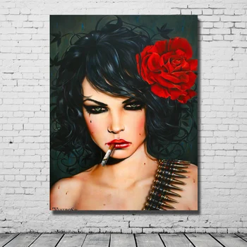 

Wholesale Handpainted Oil Painting on Canvas Smoking Red lip Nude girl Reproduction Brian wall art picture for home decor