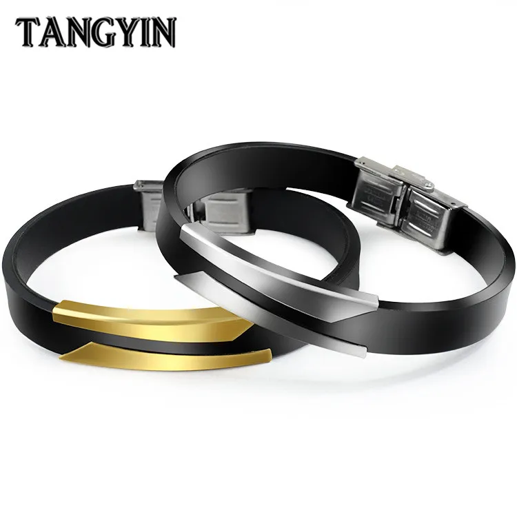 

Fashion Couple Bracelets & Bangles For Men And Women Gold Silver Stainless Steel Black Silicone Bracelet Men Femme Jewelry Gift
