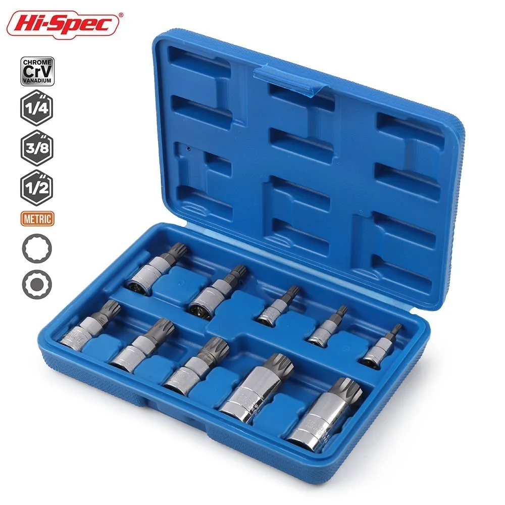 

Hi-Spec 10pc 12 Point Triple Square Spline Socket Set Screwdriver Bit Set Tampered Adapter for Torque Spanner Socket Wrench