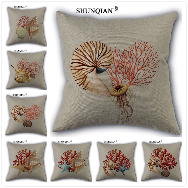 Linen Cotton Coral shells Pillow Cover Custom Print Home Decorative
