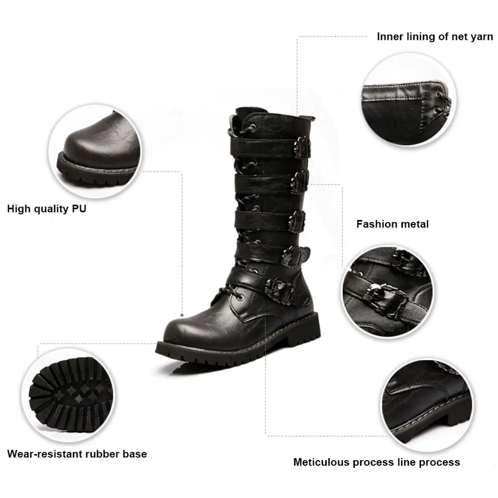 Botas de motocicleta para hombre, botas de Motocross, zapatos de motocicleta, botas de cuero de PU con hebilla de media pantorrilla, botas de moto Punk Martin negro