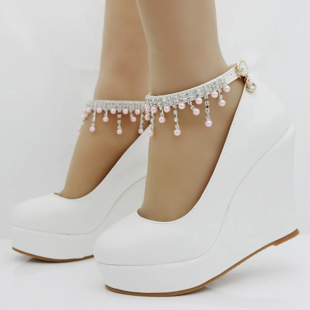 11cm Women Elegant Heels Wedges Shoes Pumps Pink Pearl And Crystal ...