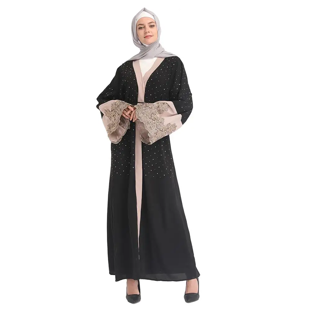 Плюс Размеры халат Малайзии платье Дубая Для женщин Бисер жемчужное кружевное кимоно кардиган мусульманское платье хиджаб турецкая