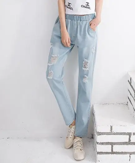 Мода, мешковатые женские джинсы с эластичной резинкой на талии, брюки-карго длиной до щиколотки, хлопковые свободные шаровары, женские рваные джинсы, женские брюки - Цвет: Небесно-голубой