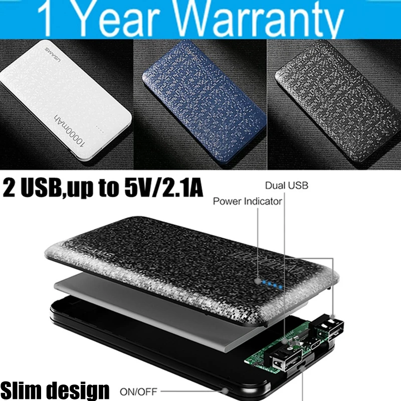USAMS 10000mah Power Bank Slim 10000 Mah Powerbank 2 Ports 2 1A For IPhone IPad Xiaomi
