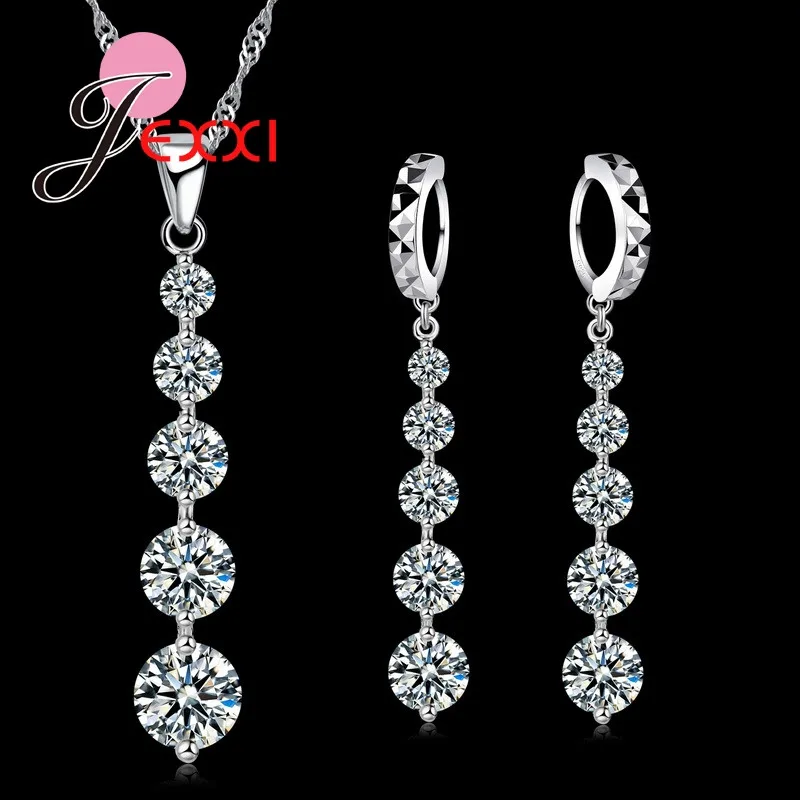 

100% 925 Sterling Silver Clear Shining Cubic Zirconia Pendant Necklace Earrings Jewelry Sets For Women Ladies Weeding