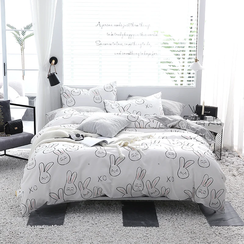 

Black White Cartoon Bunny Pattern 3/4pcs Duvet Cover Flat Bed Sheets +Pillowcase Super King Queen Full Kids Size Cotton Bedding