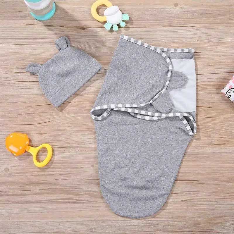 2pcs/set 0-3m Newborn Baby Cotton Cap Swaddle Wrap Soft Infant Hat Blanket Sleeping Bags Sleepsack Envelope Swaddling Bedding