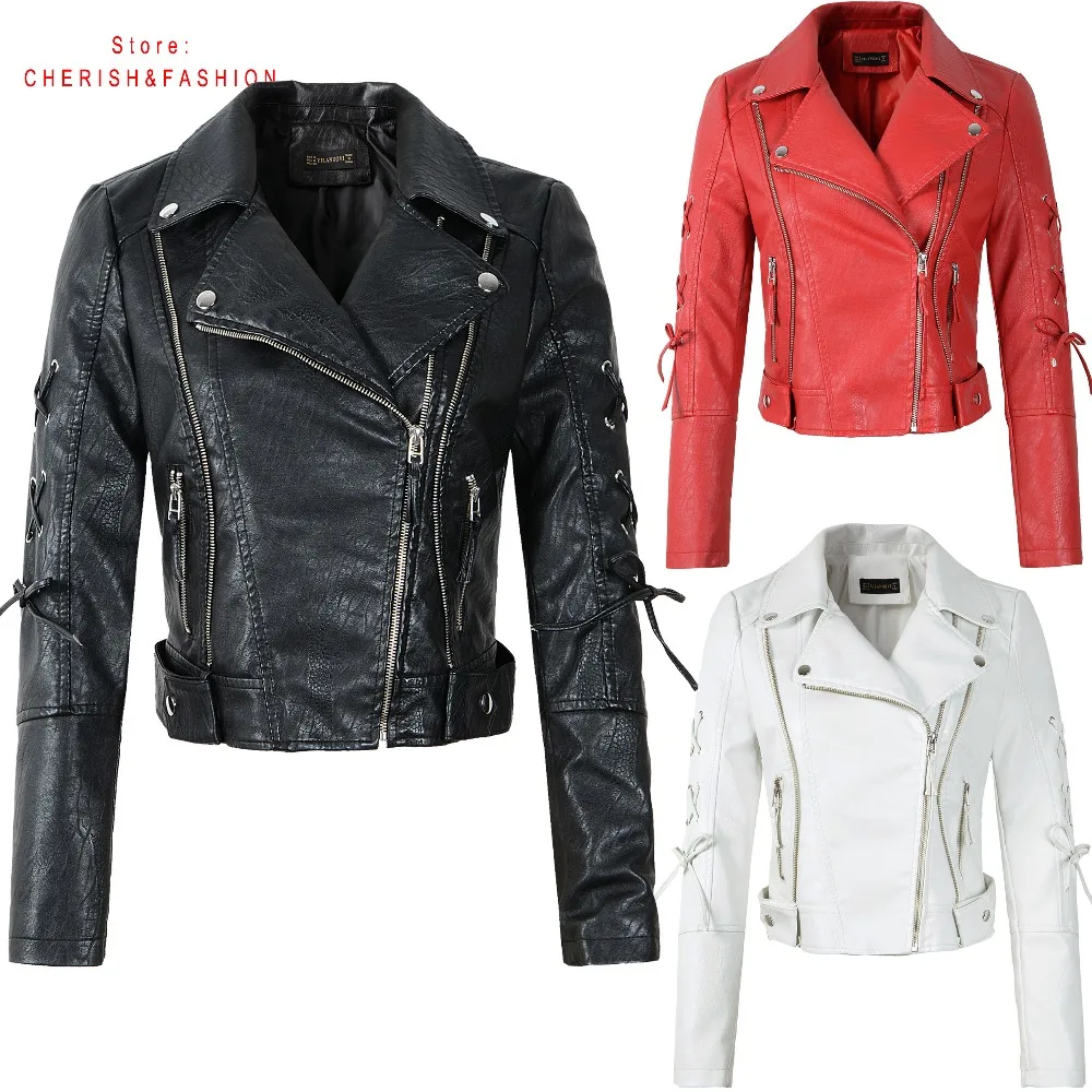 

2019 New Arrival Women Autumn Winter Black Faux Leather Jackets Lady Fashion Brand Motorcycle Coat Biker Red Beige Outwear HOT
