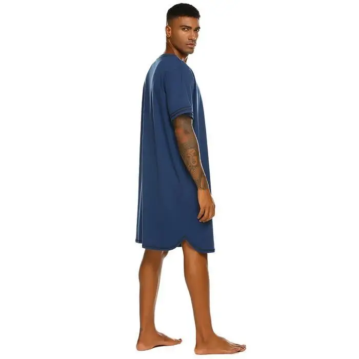 Ekouaer/мужская летняя одежда для сна ночная рубашка с коротким рукавом контрастного цвета с карманом на пуговицах, свободные до колен, ночные рубашки, домашняя одежда