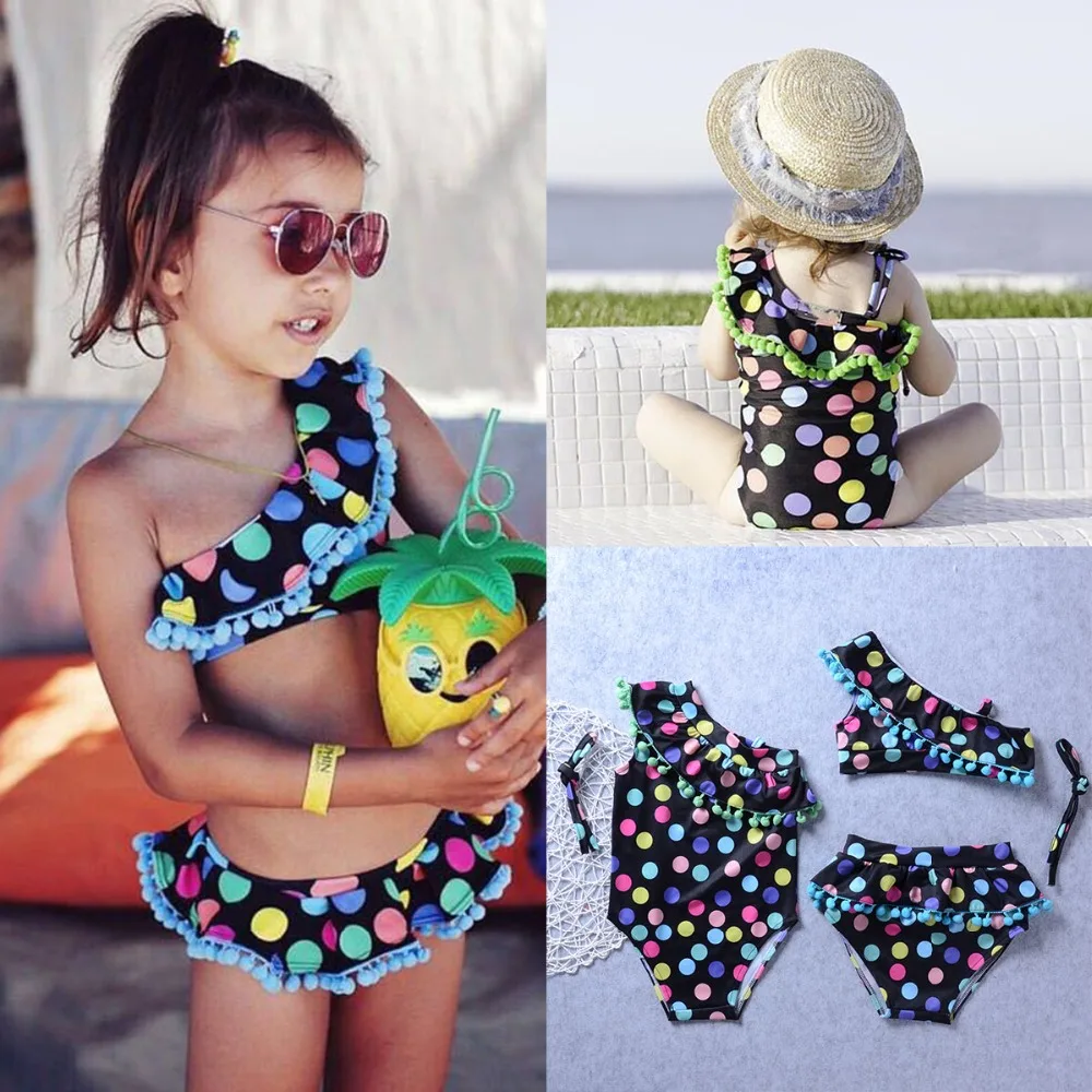 

Hot Sale Children Girls One Piece Swimwear Kid One Shoulder Bikini Swimwear Colorful Polka Dot Bathing Suit Swimsuit 6-7T