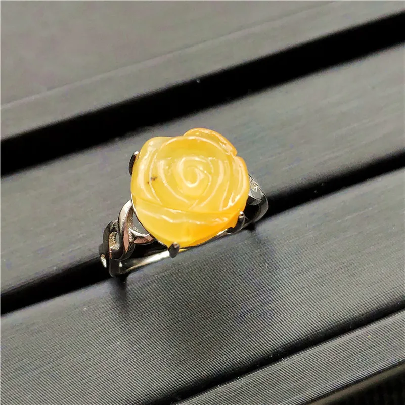 Natural Yellow Amber Gemstone Ring Flower Shape Adjustable 925 Sterling Silver For Woman Man Fashion Wedding Engagement Ring