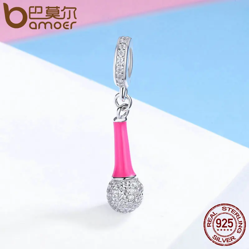 BAMOER Genuine 925 Sterling Silver I Love Singing Microphone Clear CZ Pendant Charm fit Women Bracelet DIY Beads Jewelry SCC440