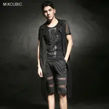 Mixcubic Весна-осень британский стиль ночной клуб костюмы уникальный Марли в полоску жилет Мужская Повседневная Черный марли жилет для мужчин, м-XL