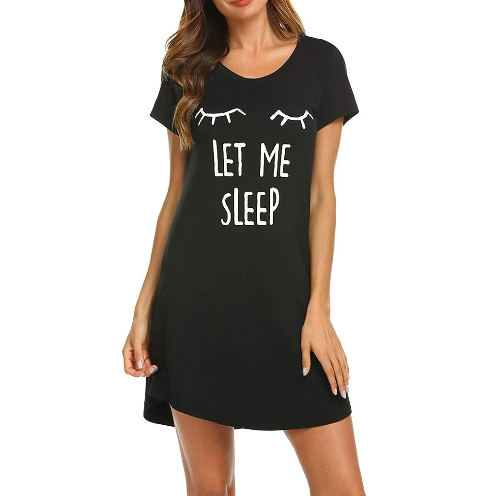 

Summer O-Neck Long T-Shirt Dress Women Cartoon Letter Print Dresses Short Sleeve Casual Loose Streetwear Sundress Sleep Dress