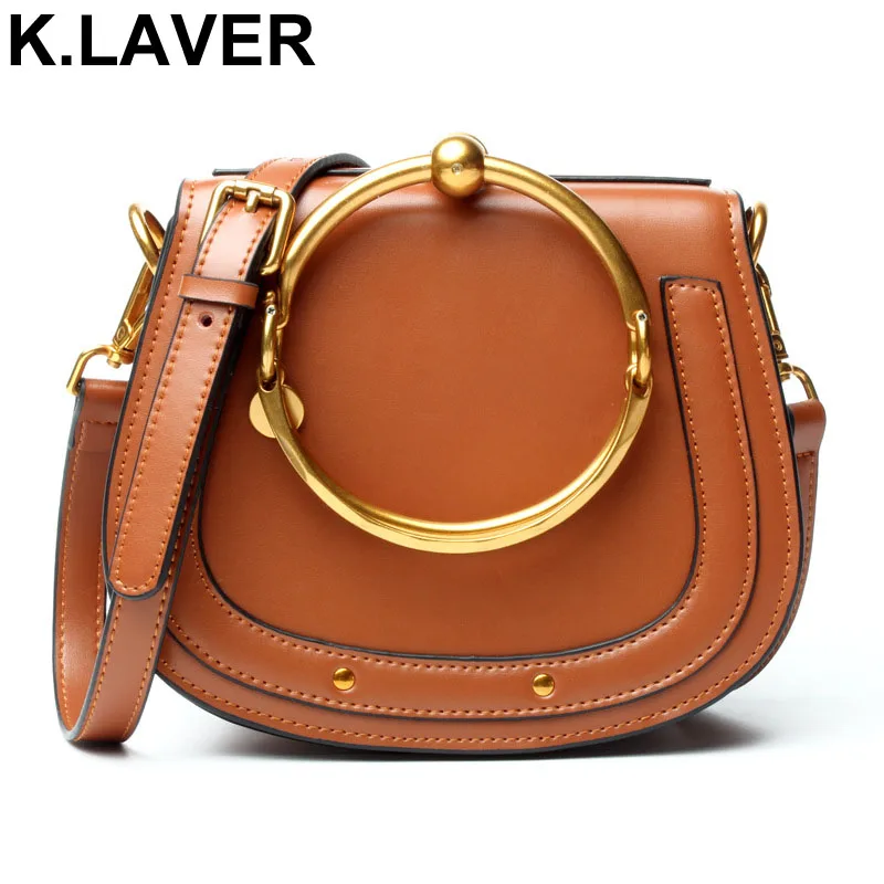 

K.LAVER Brand Women Saddle Bag Women's Cowskin Metal circle handstrap shoulder Bag Ladies fashion Genuine Leather messenger bags