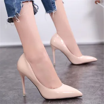 

New 10cm nude color pointed high heels stiletto shallow mouth sexy black patent leather work shoes women's shoes