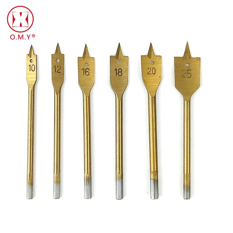O.M.Y 6PC Titanium Coating Hex Shank Spade Bits Flat Boring Bit Wood