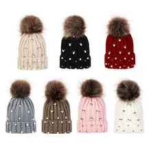 Шерстяная пряжа, зимние шапки для женщин, вязаная шапка бини, фирменная Новинка, толстая женская шапка с украшением из жемчуга, теплая праздничная подарочная шапка