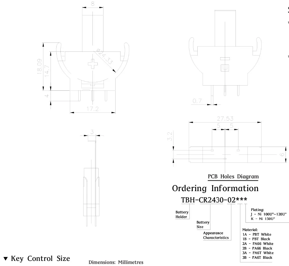 5PCS CR2430 ͸ ư  Ȧ  ̽  TBH-CR2430-02