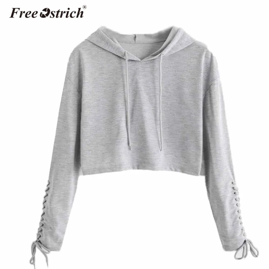 

Free Ostrich Sweatshirt Women Lace Up Short Hoodies Long Sleeve Casual Solid Crop Top Pullovers Women Tops L1530