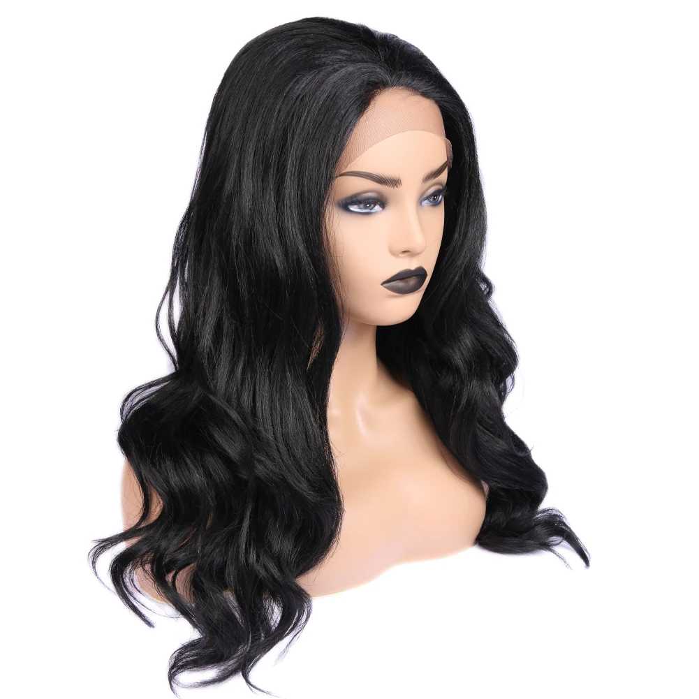 

FAVE Black Long Wavy Middle Part Front Lace Synthetic Wigs Heat Resistant Fiber 24 Inch For Black Women Cosplay Wig